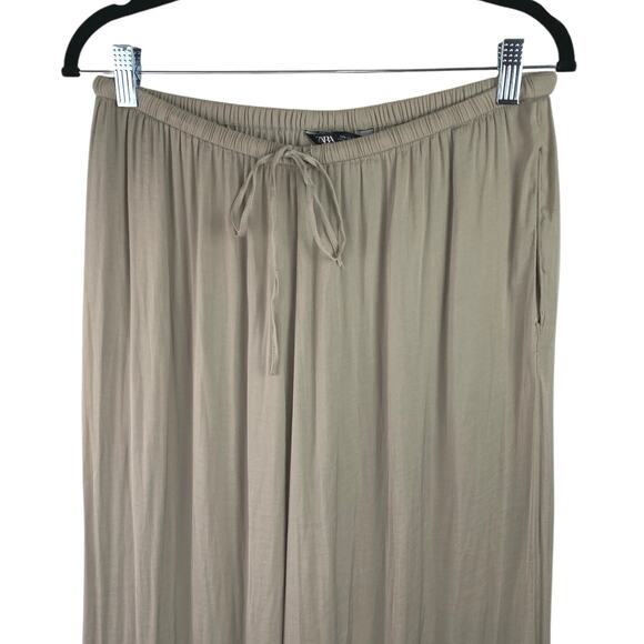 Zara Women's Beige Khaki High Waisted Drawstring Wide Leg Trousers Pants Size L - Picture 4 of 6